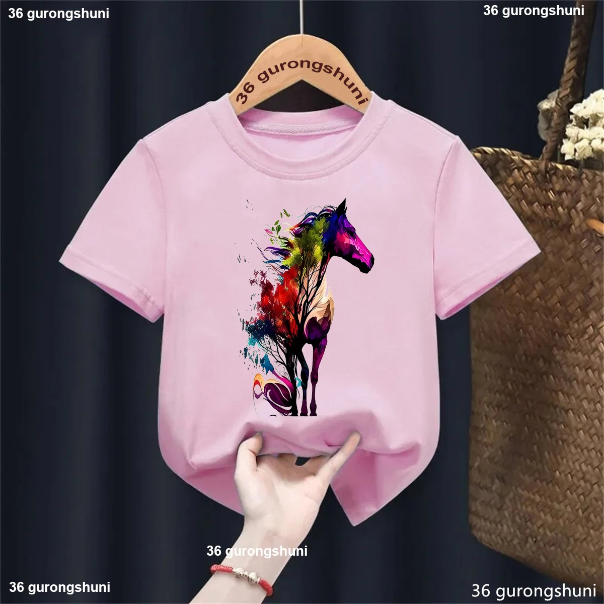 Watercolor Horse Animal Printed T Shirt Girls Harajuku Kawaii Kids Clothes Summer Fashion Short Sleeve T-Shirt