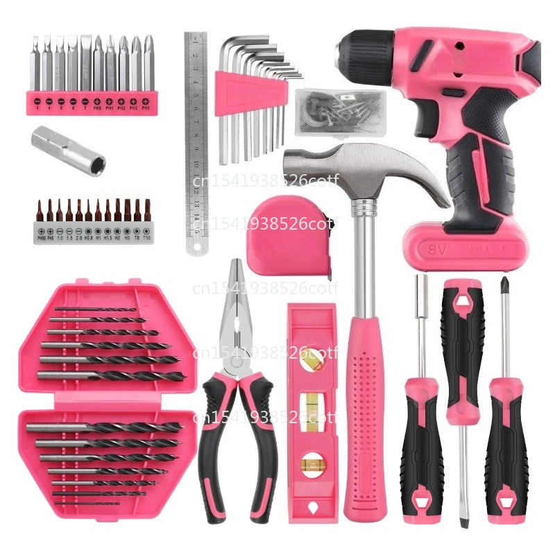 8V Rechargeable Electric Screwdriver Set Household Electric Pistol Drill Pink Multi-Function Tool Box