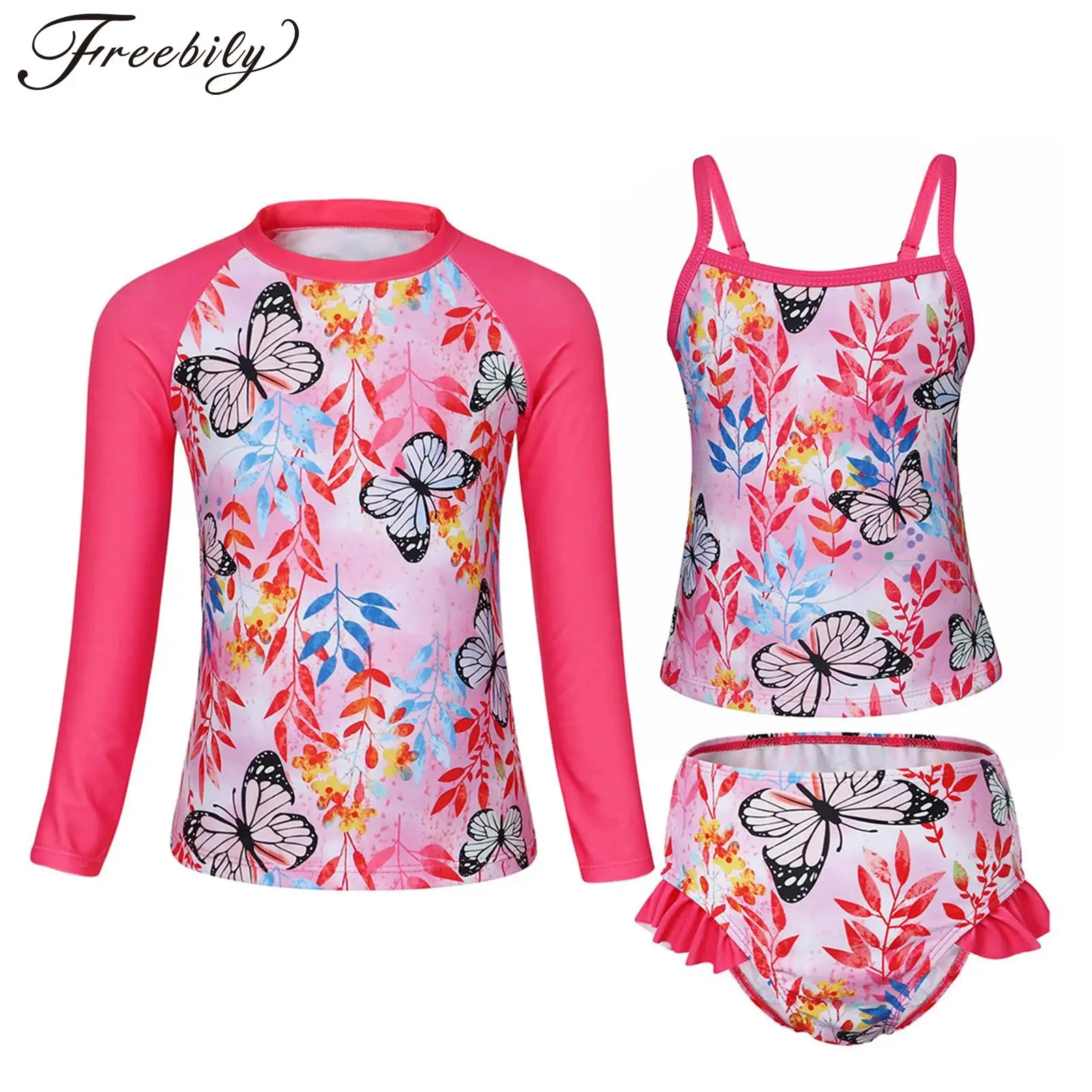 

3Pcs Kids Girls Floral Print Swimsuit Cami Vest Top with Swim Briefs Long Sleeve Swimwear Bathing Suring Suit Pool Rash Guard