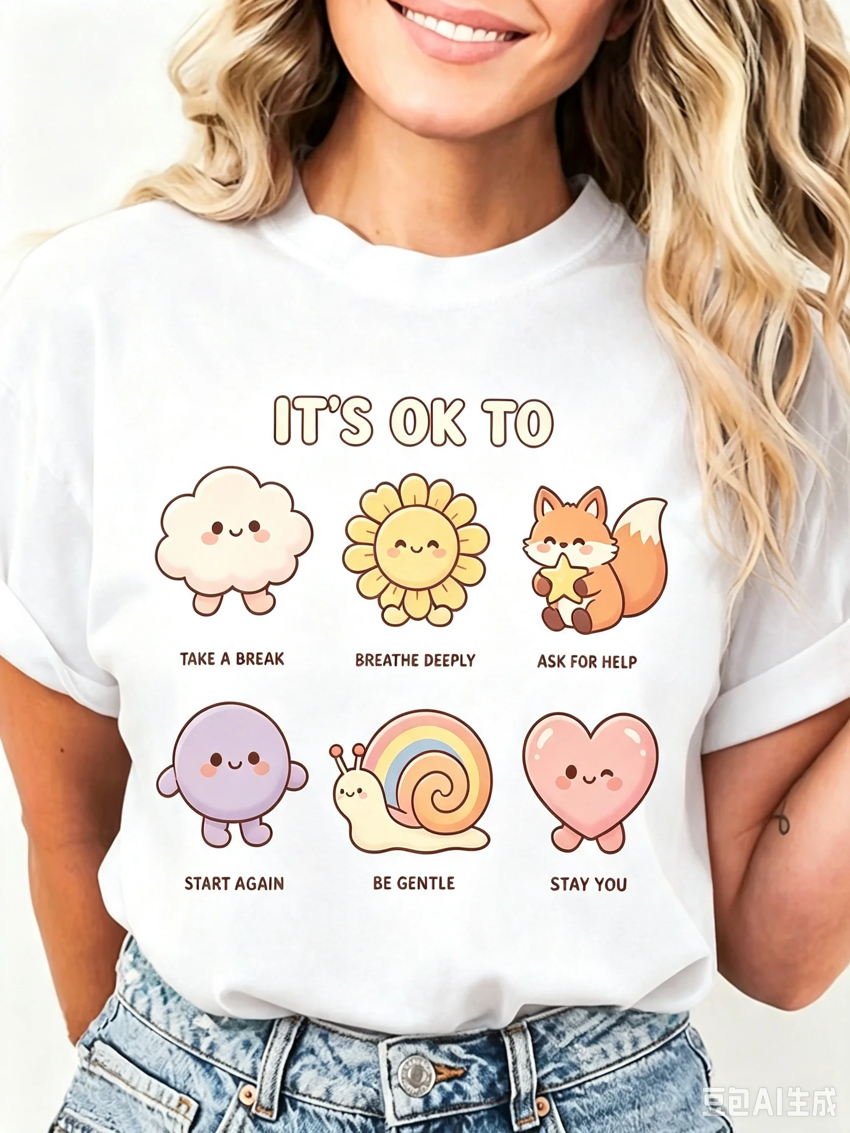 Women Mental Health Positive Graphic T‑Shirt, Cute Cartoon Animal Cotton Tee, Multiple Colors Available, Casual Daily Relax Top