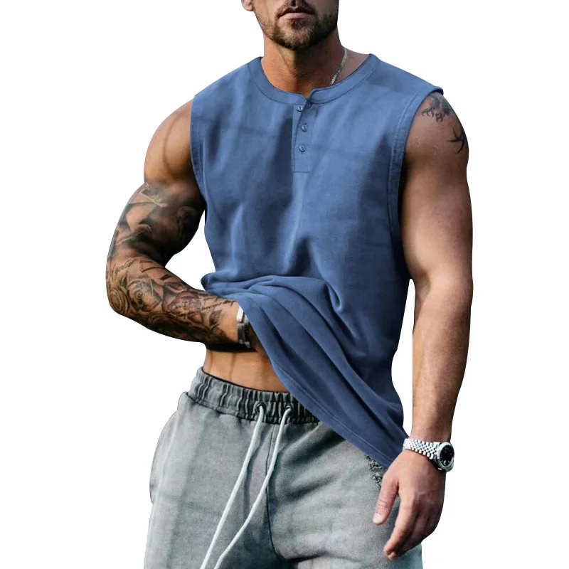 2025 Summer Men's Sleeveless Fashion Casual Basketball Men's Tank Top Large Round Neck Slim Solid Color T-shirt Men's Tank Top - Image 5
