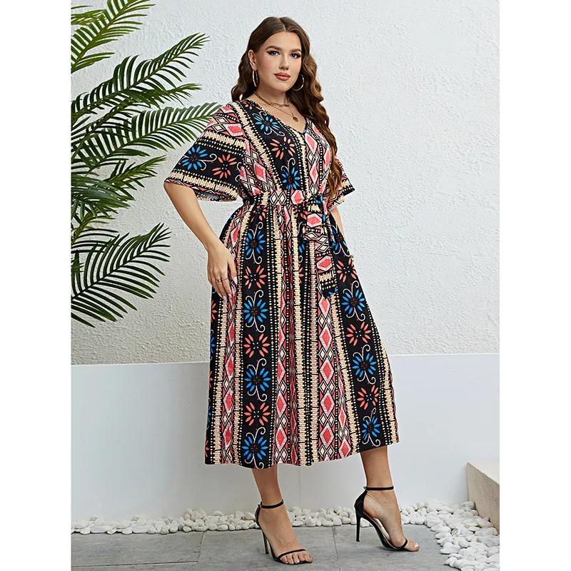 Vestido de estilo bohemio de talla grande para mujer, Vestido largo de media pantorrilla, manga larga, cuello en V, ropa holgada de talla grande