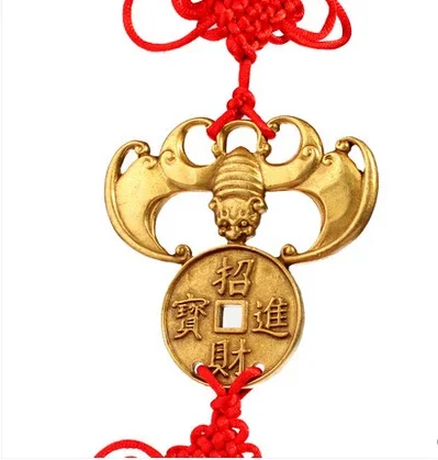 

+A Feng Shui copper bat pendant coins in front of blessing Chinese felicitous wish of making money