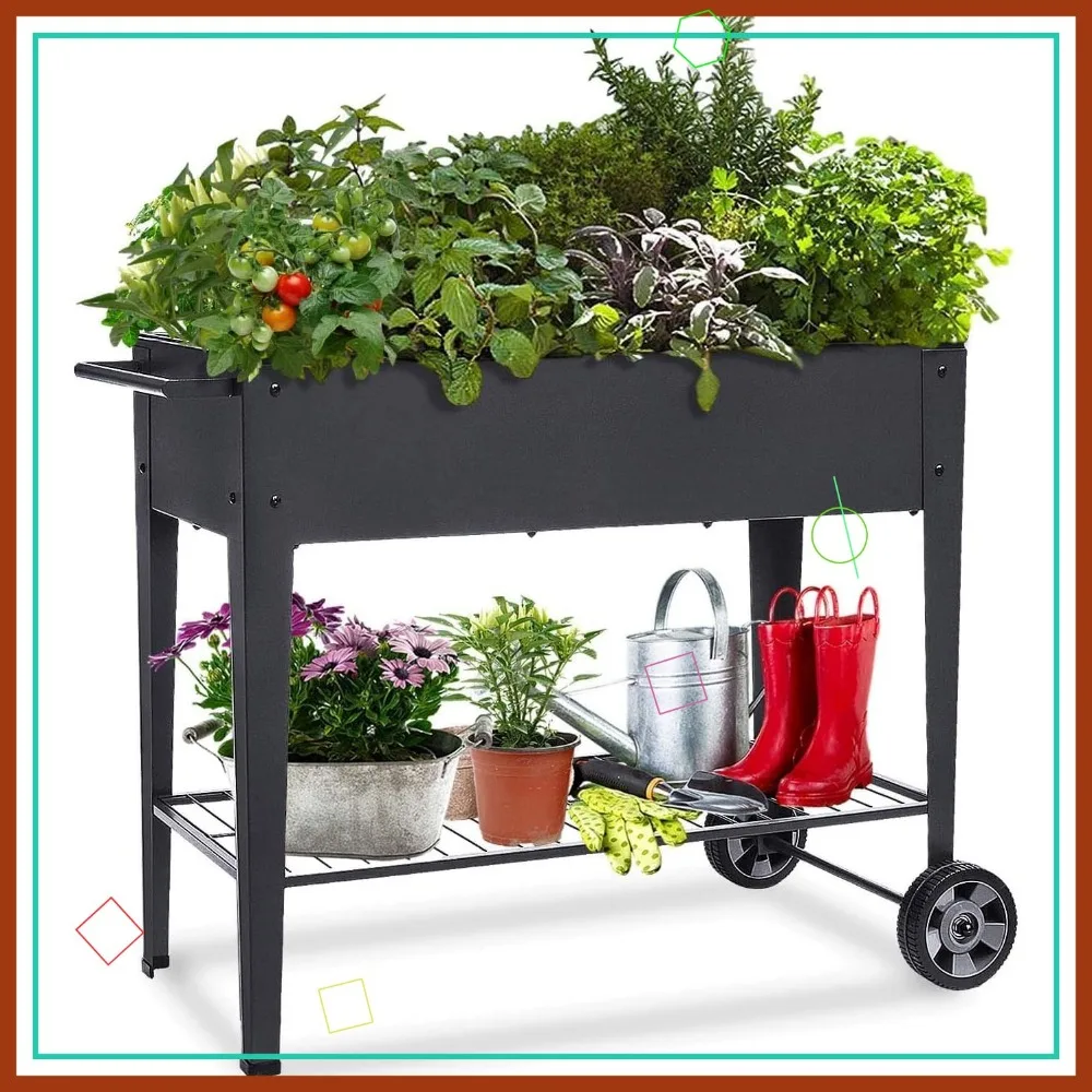

Elevated Garden Bed with Wheels - Mobile Raised Planter Box for Vegetables Flowers Herbs