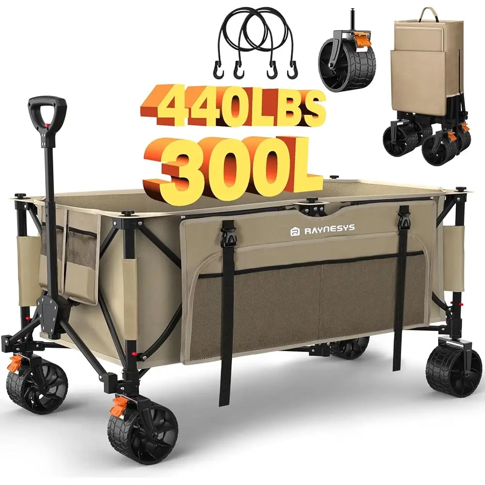 

Collapsible Wagon Cart With Wheels, Foldable 440Lbs 300L Heavy Duty Folding Wagon For Sports, Beach, Grocery, Camping, Coffee