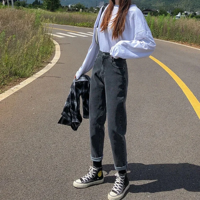 กางเกงยีนส์คาร์โก้ทรงวินเทจสำหรับผู้หญิง สไตล์ฮาราจูกุ ทรงขากว้างแบบอเมริกันเรโทร กางเกงเดนิมทรงหลวม สไตล์กยารุ สตรีทแวร์