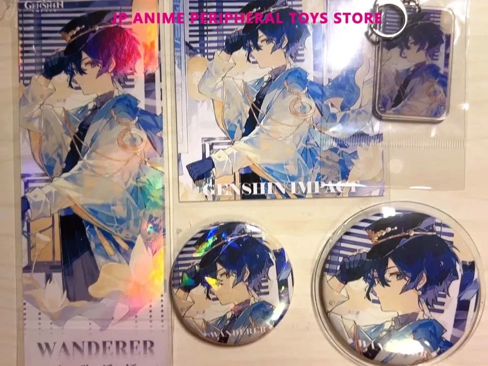 6pcs Genshin Impact Wanderer Anime Set Toy Cute Balladeer Badge Flash Laser Card Keychain Small Card Postcard Suit Gifts 6styles