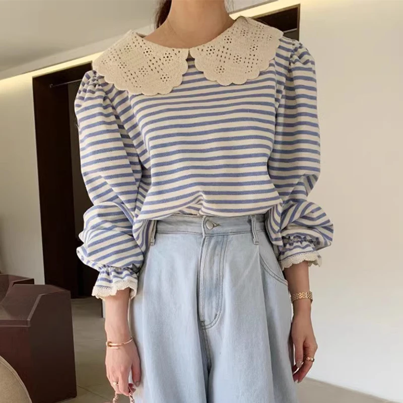 Preppy Style T Shirts Peter Pan Collar Puff Sleeve Striped Patchwork Design Tops Tees for Women Casual Loose All Match Clothing