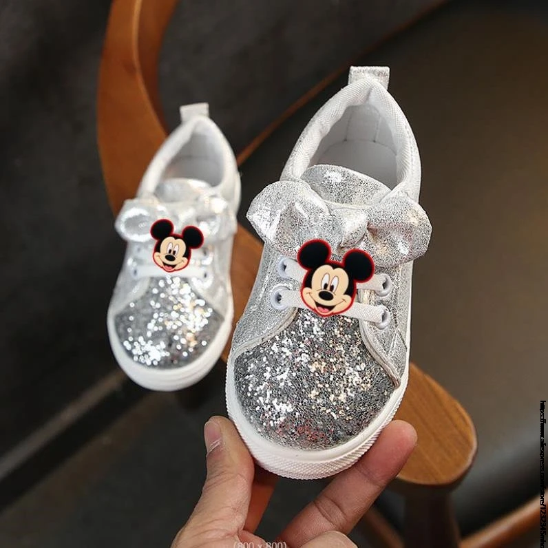 Mickey Minnie Sequin Bow Toddler Shoes For Boys Girls Breathable Little Kids Casual Kids Sneakers Non-slip Children Sport Shoes