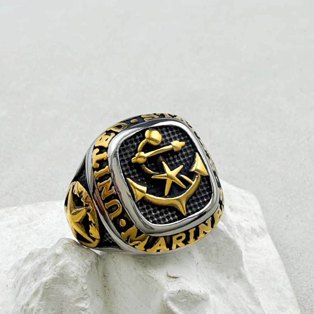Men Vintage Two-tone Stainless Steel USMC Anchor Star Signet Ring United States Marine Military Biker Finger Ring Jewelry Gift