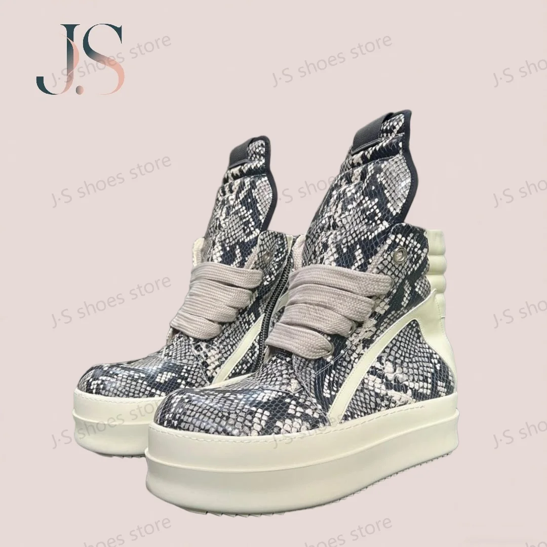 

R-o Boots Men Sneaker Women Black Leather Ankle Boot Zipper Platform 6cm Thick Sole Boa Cowhide Shoes High Top Casual Shoe