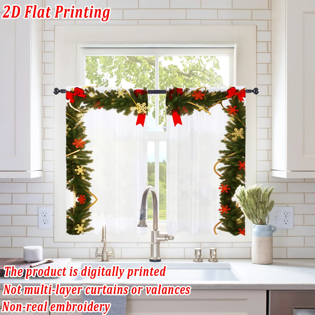 

Christmas Flat Printing Kitchen Sheer Curtain with Christmas Snowflake Ornament Pine Branch For Christmas Home Decor Party