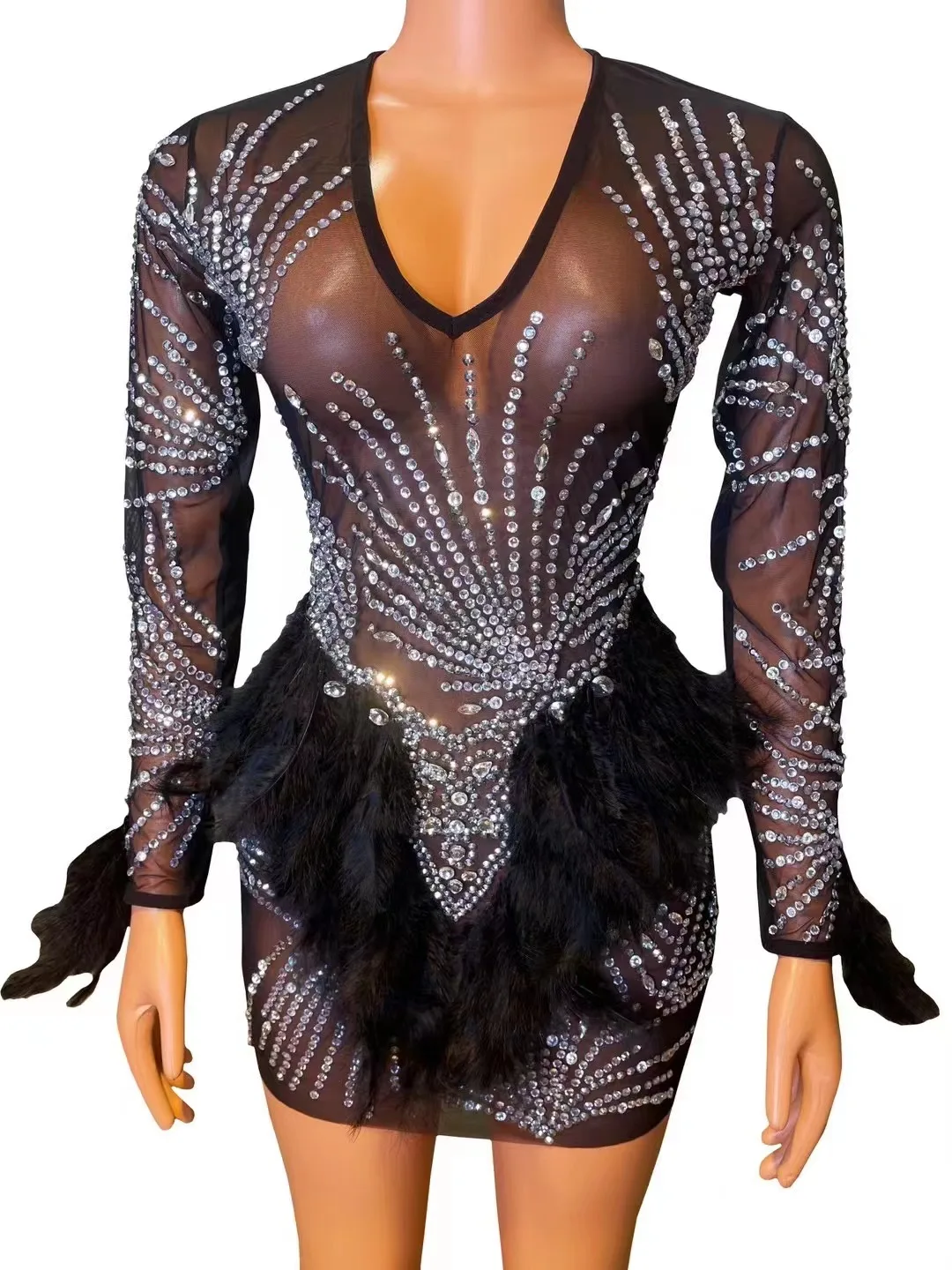 Flamenco lleno de diamantes Vintage Sexy cuello en V pluma Multicolor fiesta diosa club nocturno Bar vestido de noche traje de actuación