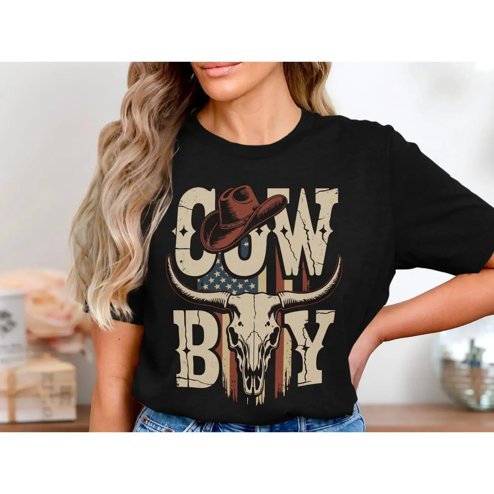 Camiseta con Diseño de Calavera de Toro Estilo Vaquero Occidental, Bandera Americana, Rodeo, Vida Rural, Vintage, Casual, Lavada, Elegante, Ropa de Diseñador