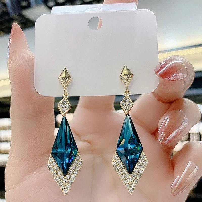 Rimiut Fashion Blue Crystal Drop Earrings Korean Temperament Exquisite Simple Luxury Earrings Wedding Party Jewelry for Women