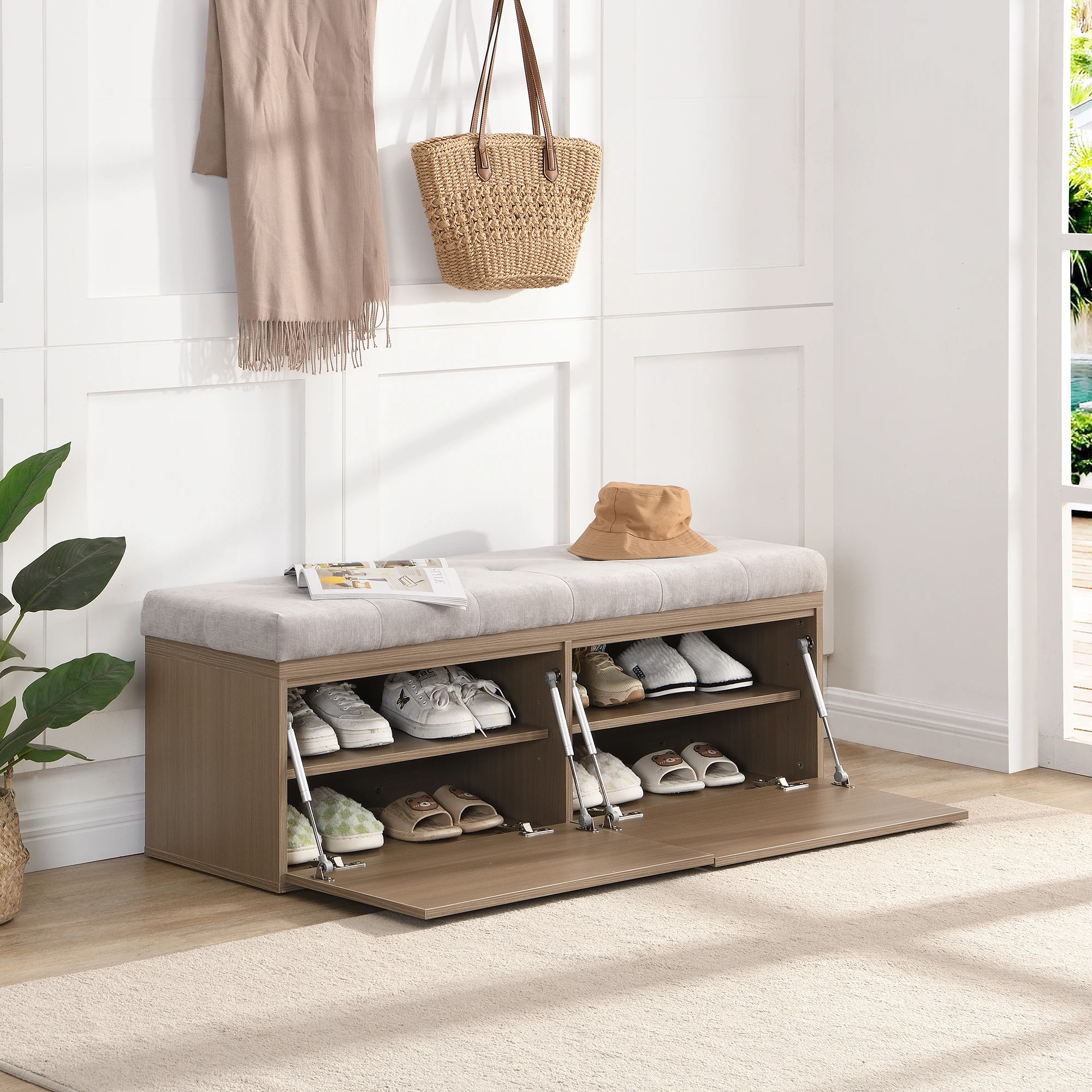 

49" Storage Bench Storage Cabinet Storage Ottoman with Adjustable Shelves, Padded Seat Cushion and Double Doors for Entryway, Ha
