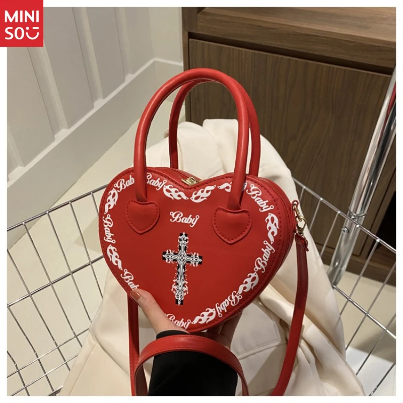 Miniso 2025 Punk Heart Box Bag, Gothic Cross Shoulder Purse, Studded Dark Female Handbag