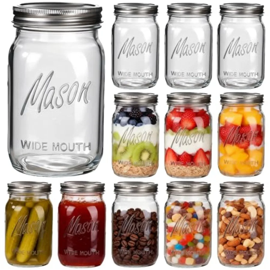 

Mason jar 32 oz, 12 Pack Glass Jars - Wide Mouth Mason Jars with Airtight Lids for Pickling, Fermenting, Food StorageandDIY Cra