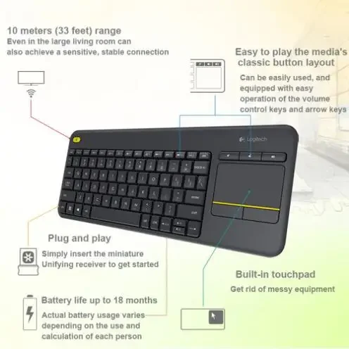 K400 Plus Keyboard tanpa kabel 2.4G, Laptop PC Gamer asli ergonomis Touchpad Mini, penerima penggabung TV komputer