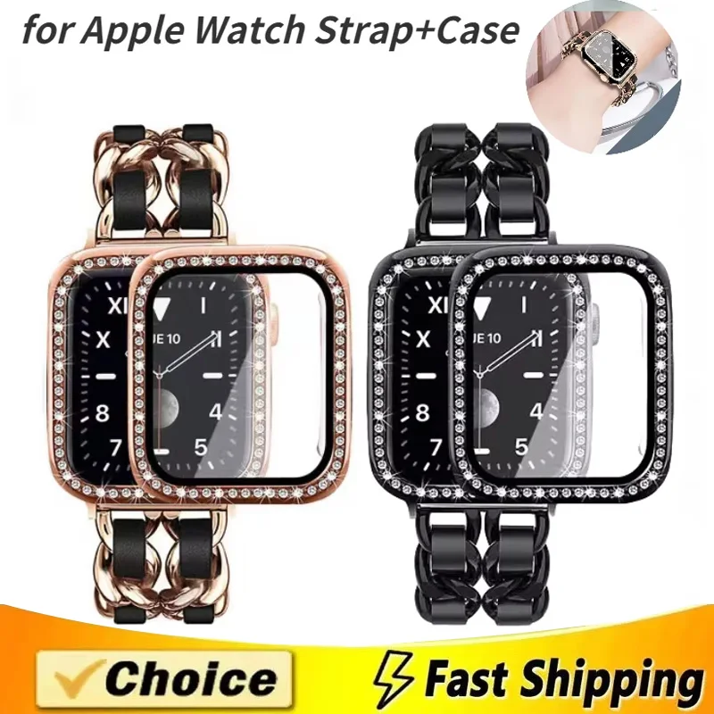 حزام معدني + حافظة زجاجية لساعة أبل 49 مللي متر 46 مللي متر 45 مللي متر 41 مللي متر 44 مللي متر 40 مللي متر 42 مللي متر حافظة واقية iWatch Ultra 11 10 9 8 7 6 5 4 SE Band