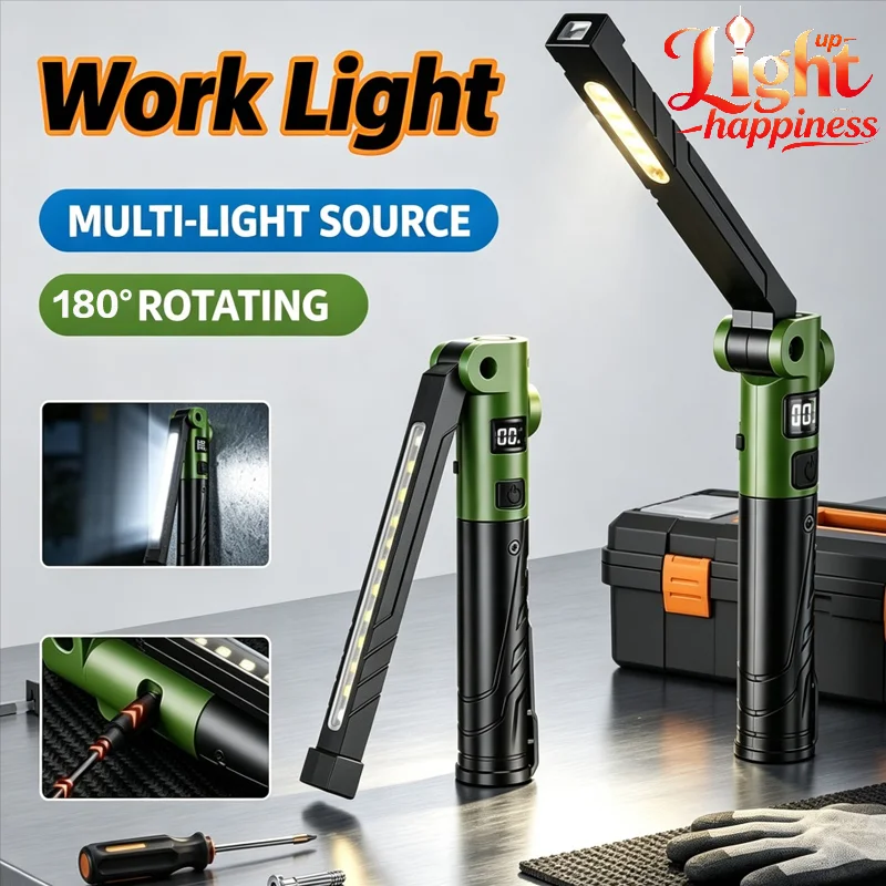 Rechargeable LED Work Light Foldable Magnetic Base Flashlight Power Display Waterproof Outdoor Camping Emergency Repair Lamp