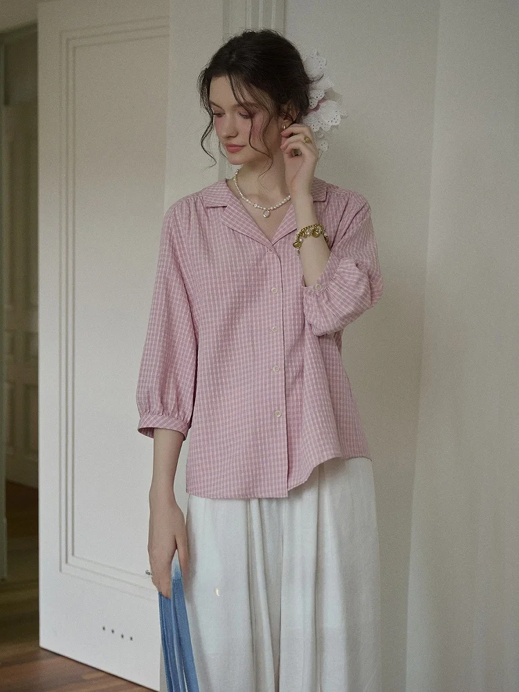 

SimpleRetro Retro Checkered Shirt Seven-Quarter Sleeve Sun Protection Commuter Versatile Turn-down Collar Women's Blouse