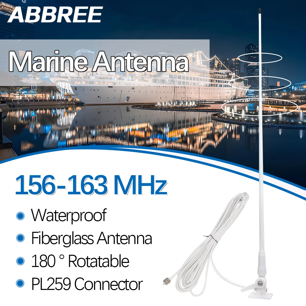 

Морская антенна ABBREE VHF, водонепроницаемая защита от ржавчины из стекловолокна, разъем PL259 с 180 ° Вращающееся базовое крепление для яхтного корабля