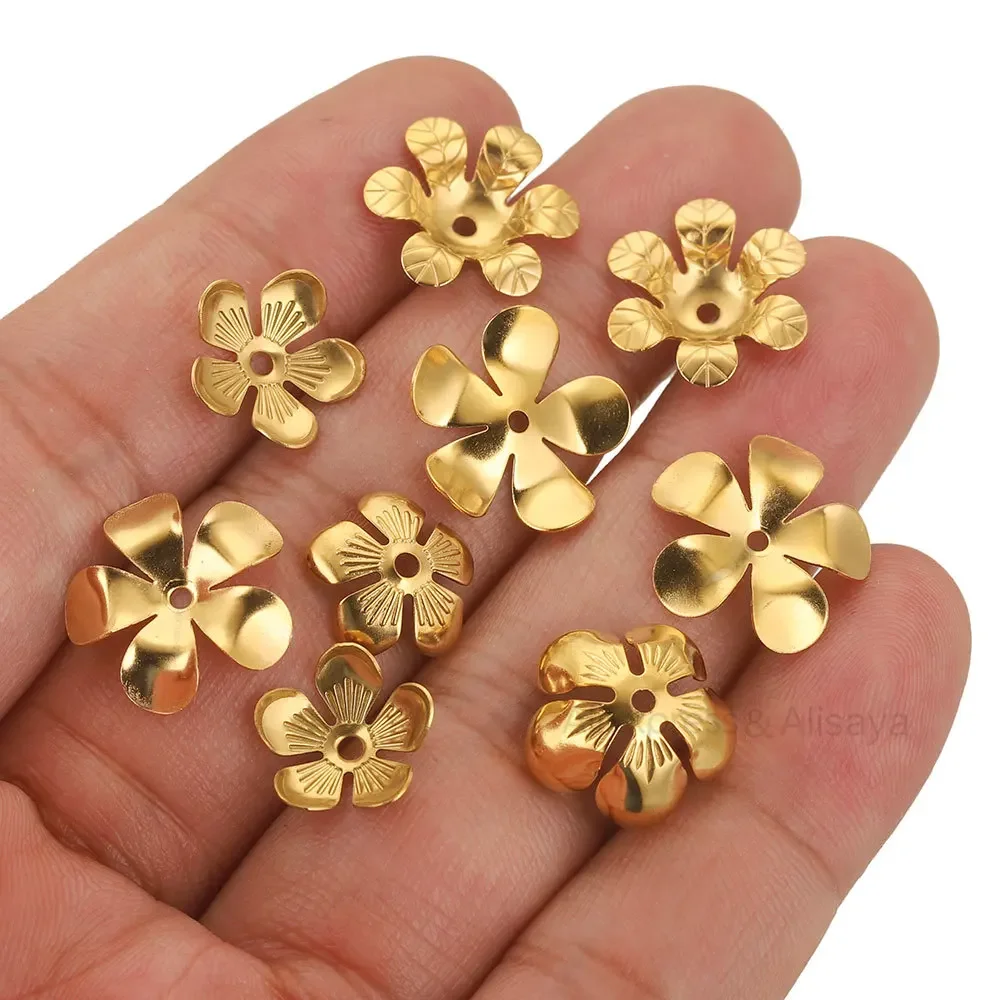 50pcs Stainless Steel Flower Spacer Gold Plated Round Beads Caps End Caps Tessal Needlework Jewelry Making Supplies Diy Findings