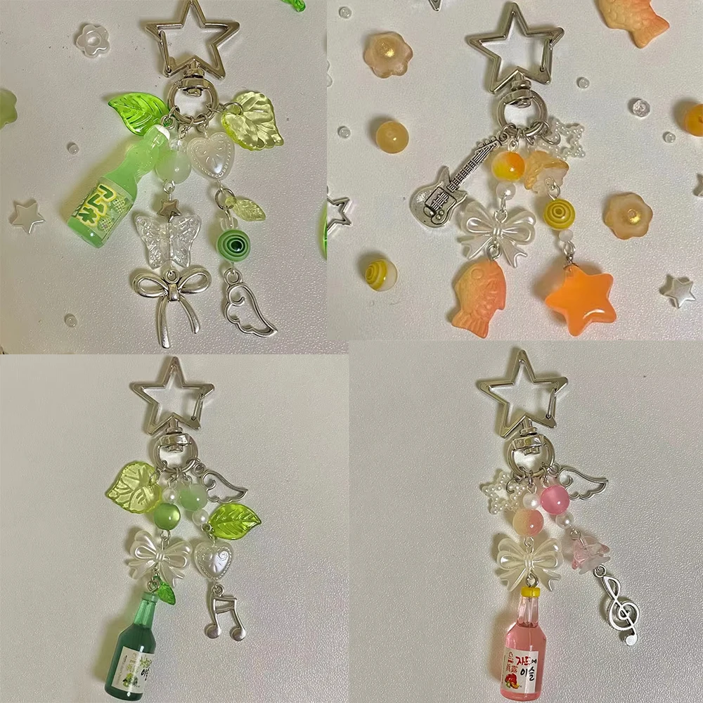 Llavero Y2K hecho a mano con cuentas verdes de melón japonés Ramune Soda Star, accesorio colgante para teléfono y mochila