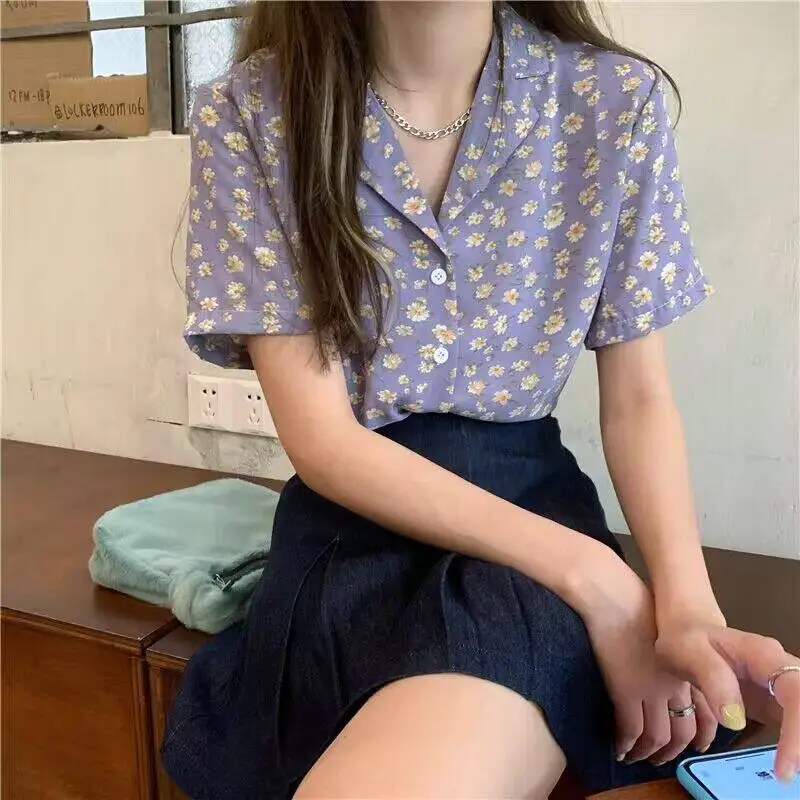 New Korean style temperament suit collar floral short-sleeved chiffon shirt