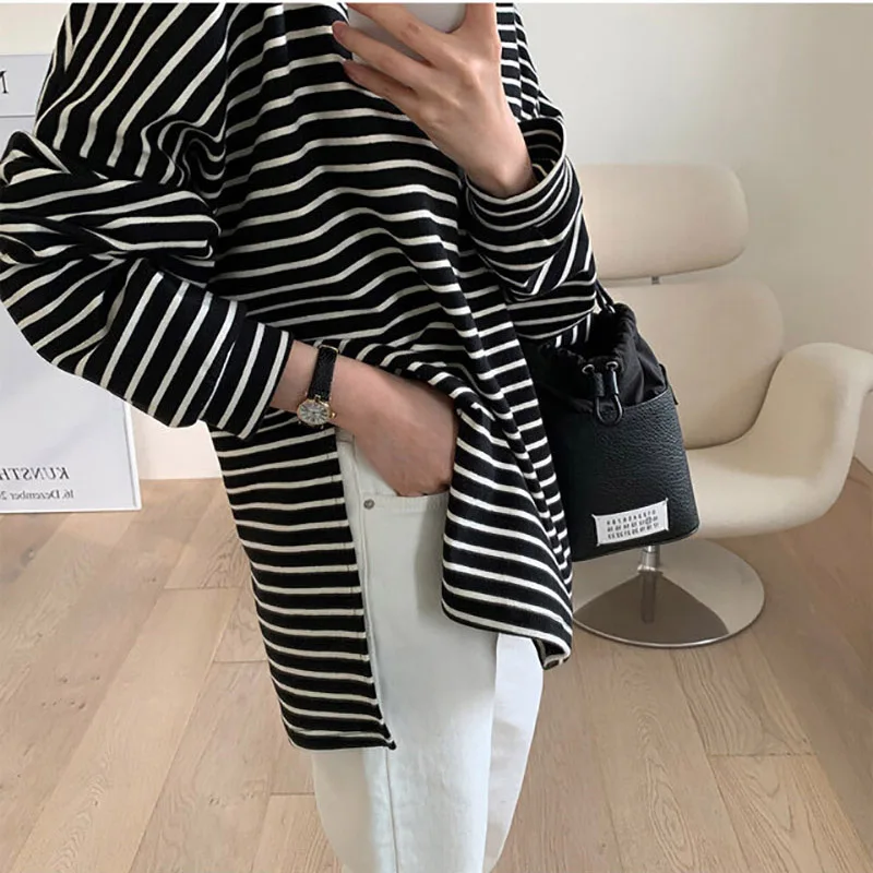 Hirsionsan Long Sleeve Striped T Shirt Women 2023 Spring Summer Oversized 100% Cotton Tshirts Female Casual Chic Tees Girls Tops