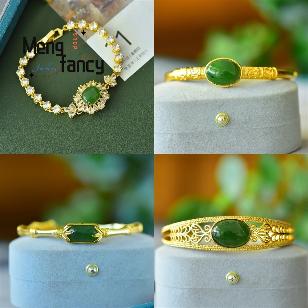 Copper Inlaid With Natural Hotan Jade Jasper Elegant Openwork Hollow Floral Bangle Popular Fashion Jewelry Couple Holiday Gifts