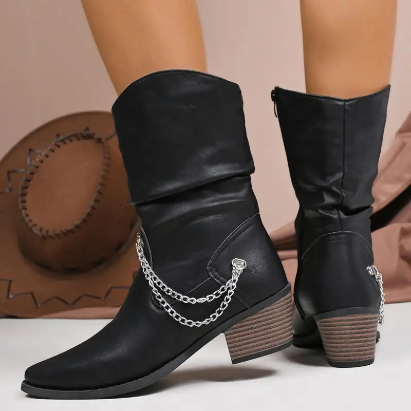 

Винтажные ковбойские сапоги в стиле вестерн на высоком каблуке с острым носком, женские зимние удобные ботильоны на молнии сбоку, дизайнерская обувь с металлической цепочкой