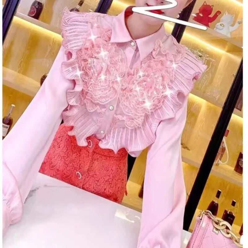 Vintage Korean 2025 Spring New Blusas Mujer Turn Down Collar Single-breasted Shirts Stereo Flower Ruffles Patchwork Blouses