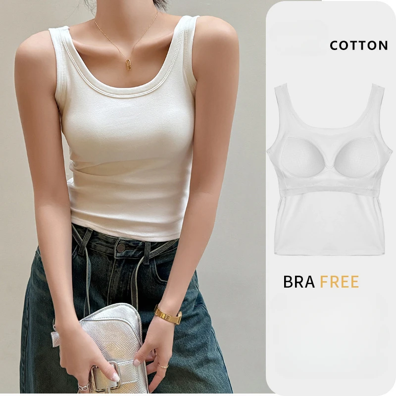 2024 Korean Style Women Sexy Tops Vest Fashion Cotton U-shaped with Chest Pad Sleeveless Outer Wear Basic Camisole Bra Slim