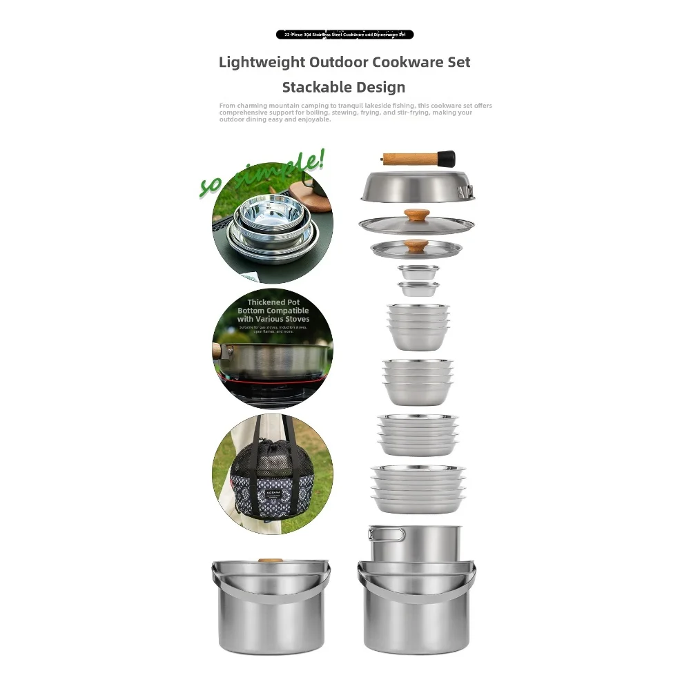 

22-Piece Outdoor 304 Stainless Steel Cookware Set For Camping, Hiking, And Picnic Cooking Accessories