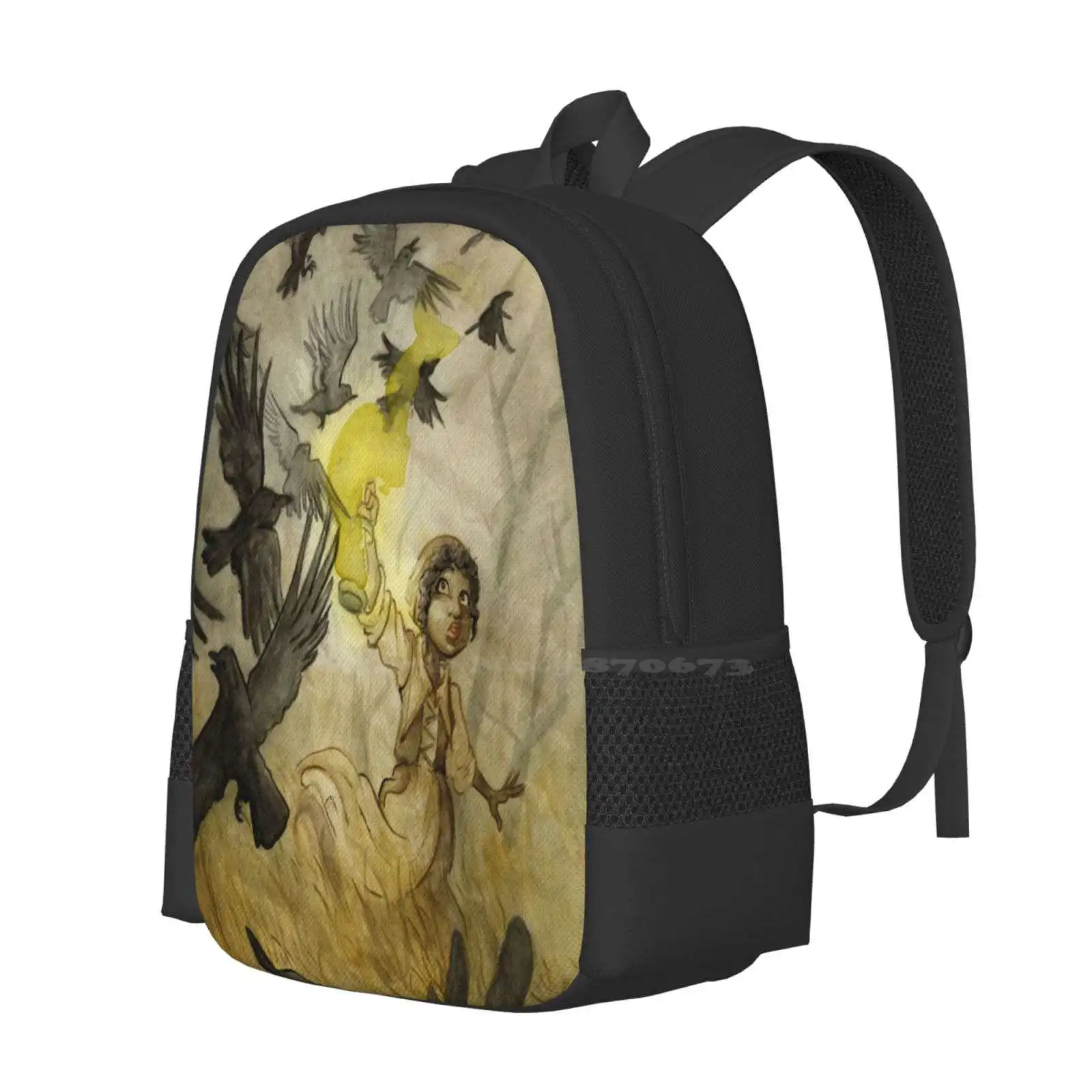 Mochila de diseño de patrón de campo de cuervos para estudiantes universitarios adolescentes, cuervo de campo, Cuervo, Urraca, pájaro, linterna, llama de fuego, niebla