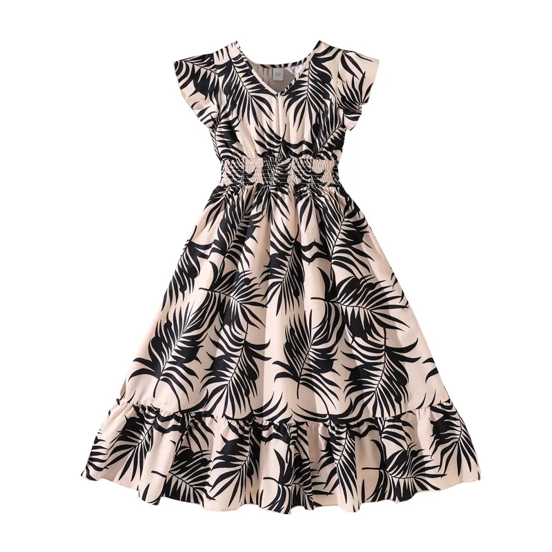 

Summer Kids Girl Tropical Palm Leaf Print Dress Ruffle Sleeve Smocked Waist Tiered A-Line Dress Children Beach Vacation Clothing