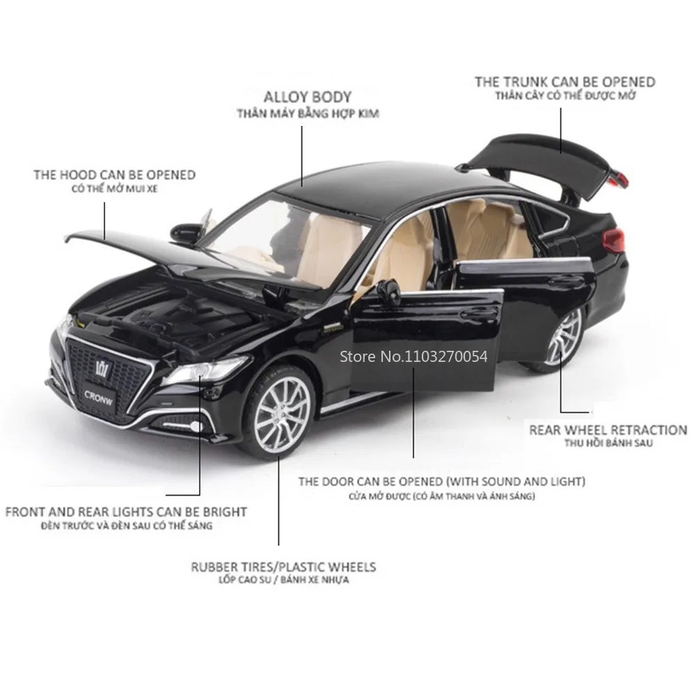 Modèle de voiture en alliage moulé sous pression pour garçons, jouet de simulation élevée, son arrière côtelé, lumière, 6 portes peuvent être ouvertes, cadeaux d'anniversaire, couronne, 1/32