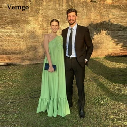 Verngo Light Green Silk Satin Straight Evening Dresses One Shoulder Puff Long Sleeve Arabic Women Formal Party Dress Prom Gowns