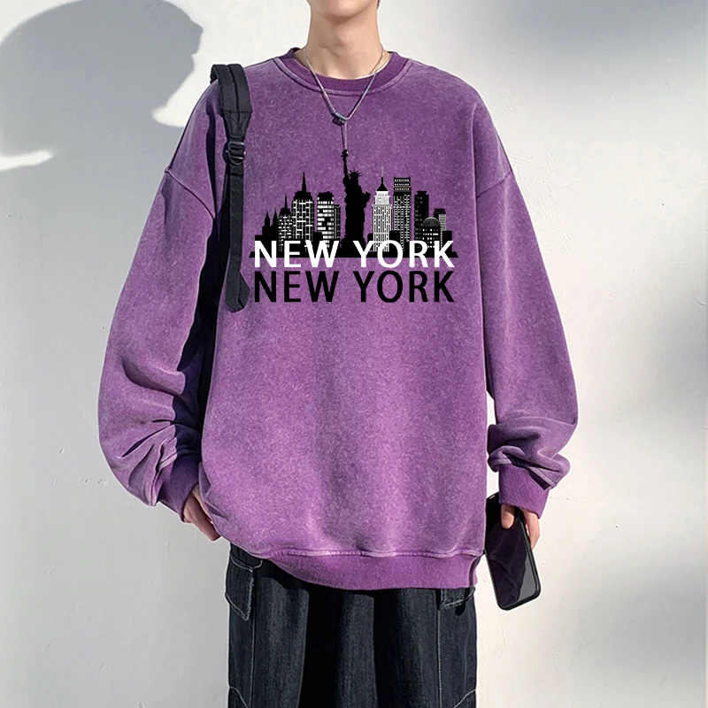 Sweat-shirt en coton lavé à manches longues et col rond pour hommes, impression de paysage de la ville de New York, vêtements de sport doux Hip Hop, DistMurcia, chaud, automne