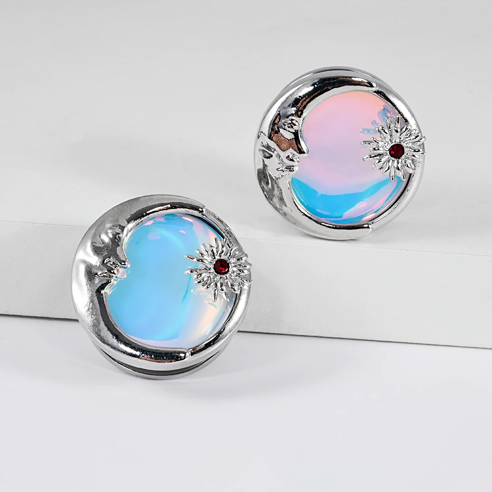 2PCS Stainless Steel Sun&Moon Ear Tunnel Plugs Earrings Flash Film Screw Fit On Gauges Expander Stretchers Piercing Body Jewelry