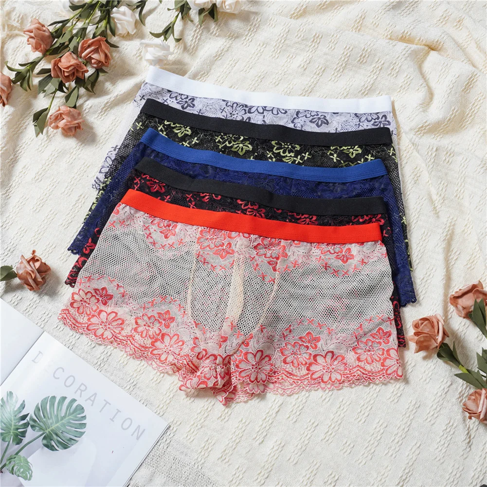 

Men Lace Jacquard Mesh Boxer Shorts Sissy Ultra-Thin Adult Underwear Hollow Temptation Exotic Trunks See Through Men's Panties