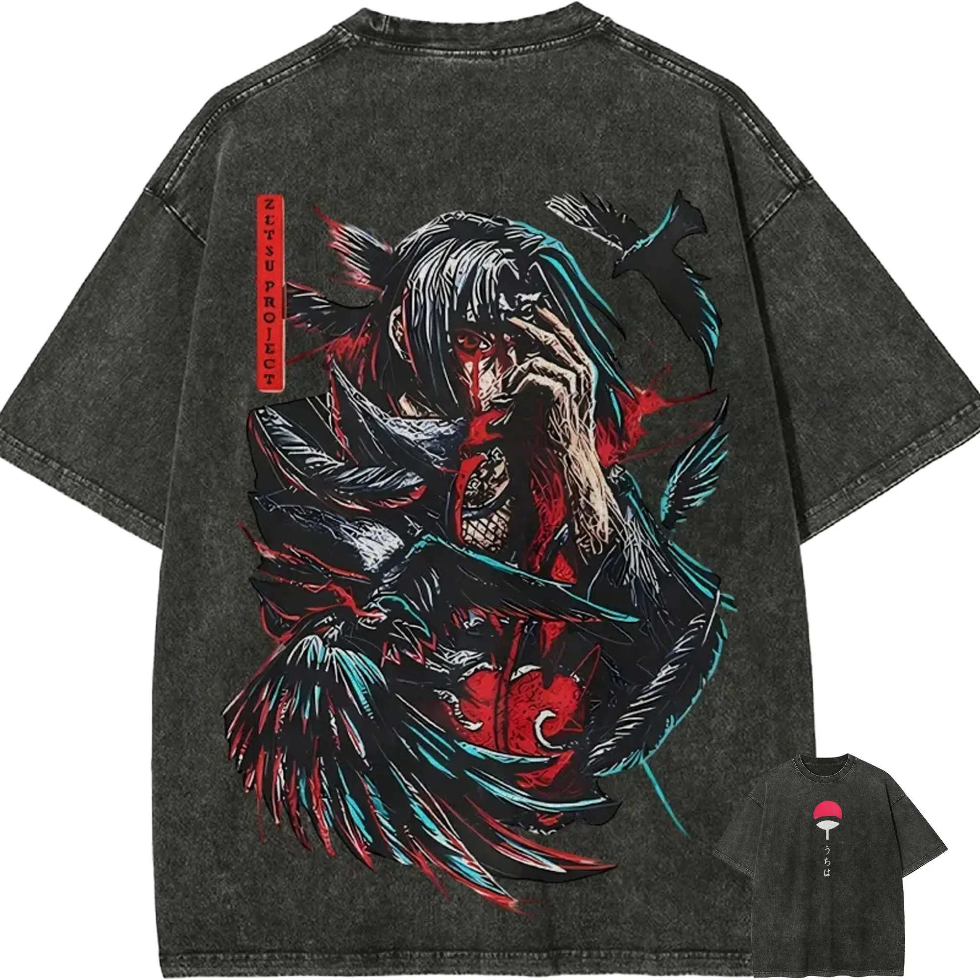 Naruto Itachi Uchiha T-Shirt Akatsuki Crow Blood Vintage Acid Wash Streetwear Übergroßes Retro Anime Grafik Baumwoll-Herren-T-Shirt