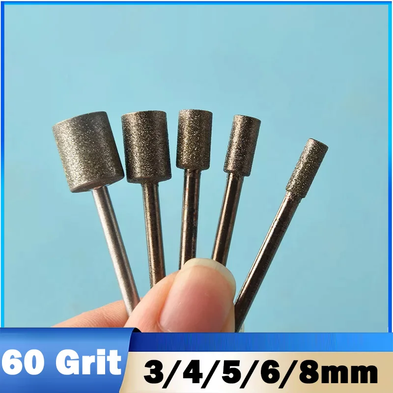 3~8mm 60Grit Cylinder Diamond Grinding Head 3mm Shank Cylindrical Points Coated Carving Burrs Lapidary Jade Dremel Rotary Tool