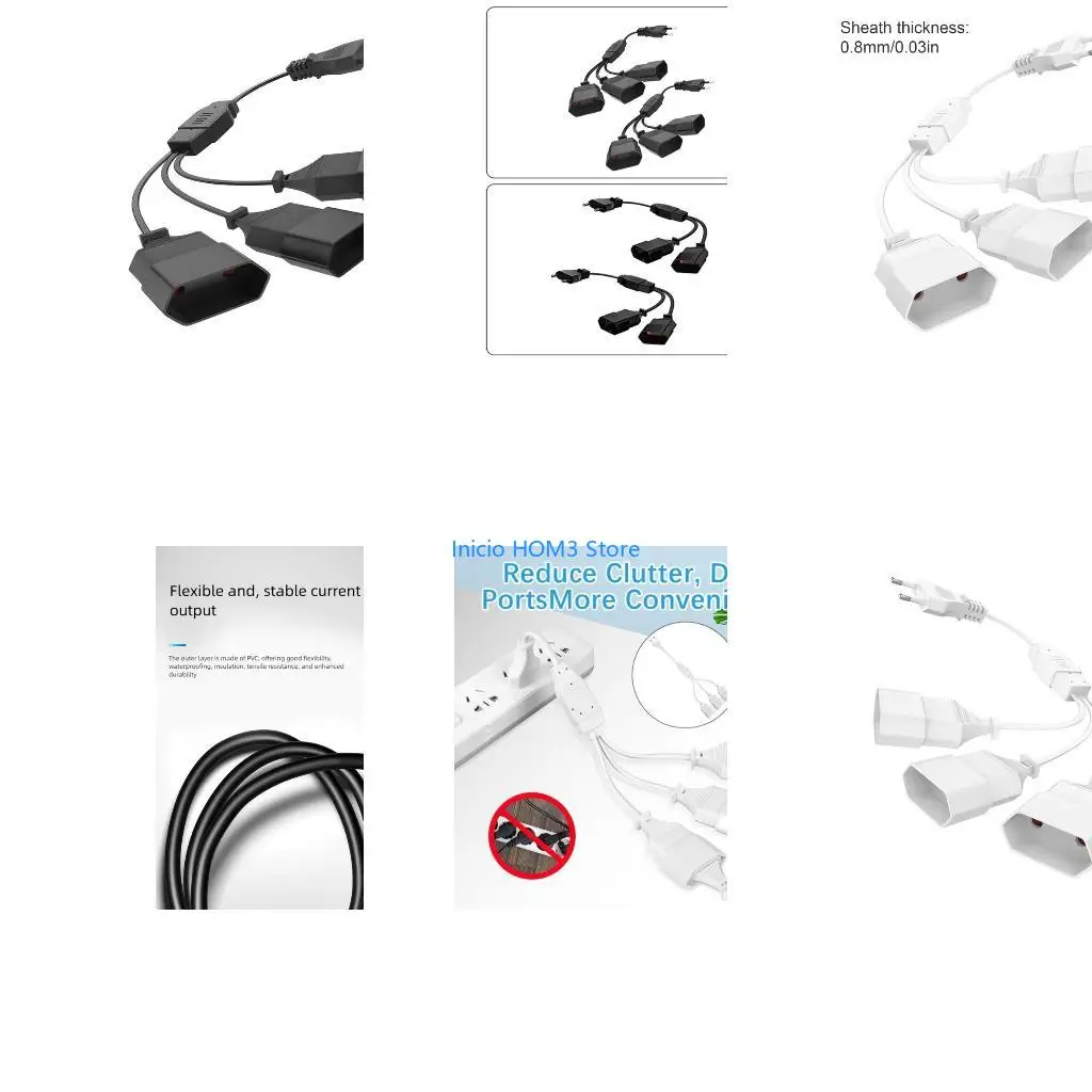 A5YD 3 Way Power Splitters Cable European 2 Prongs Plugs Designs Power Distribution Cable for Simultaneous Device Charging