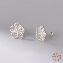 925 Sterling Silver Hollow Out Flower Stud Earrings Women's Unique Forest Series Screw Ear Bone Nail Earring Piercing Jewelry