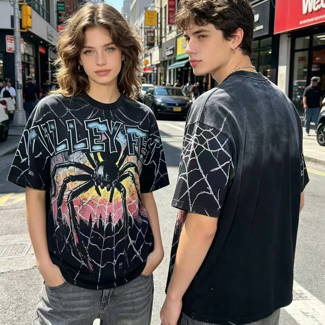 Vale Valley American Trendy Brand Spider Print Washed Vintage High Street Loose Pure Cotton Short Sleeve T-Shirt Youth  Style