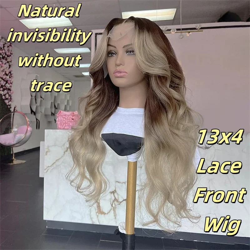 Perruque Lace Front Wig Body Wave Transparente HD, Blond Ombré, Prêt à vitation et à Aller, Cosplay, Petite et Grande Taille, Densité 180, 13x4