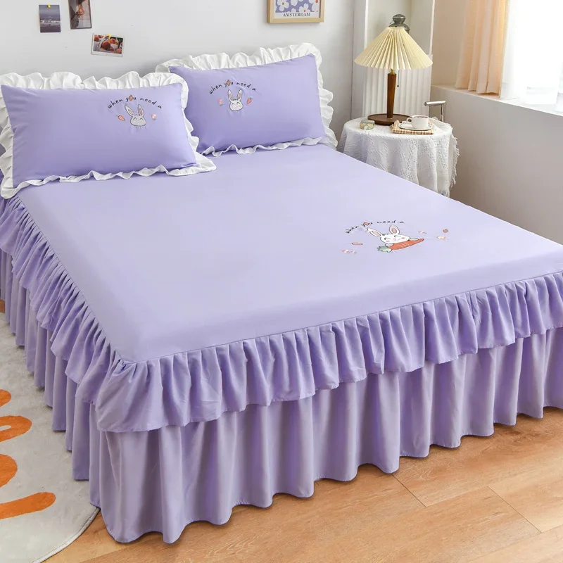 3 Piece Luxury Purple Double Layer Ruffle Bed Skirt Set, Cartoon Bunny Print Girls Women Children Bedroom Decoration Bed Cover